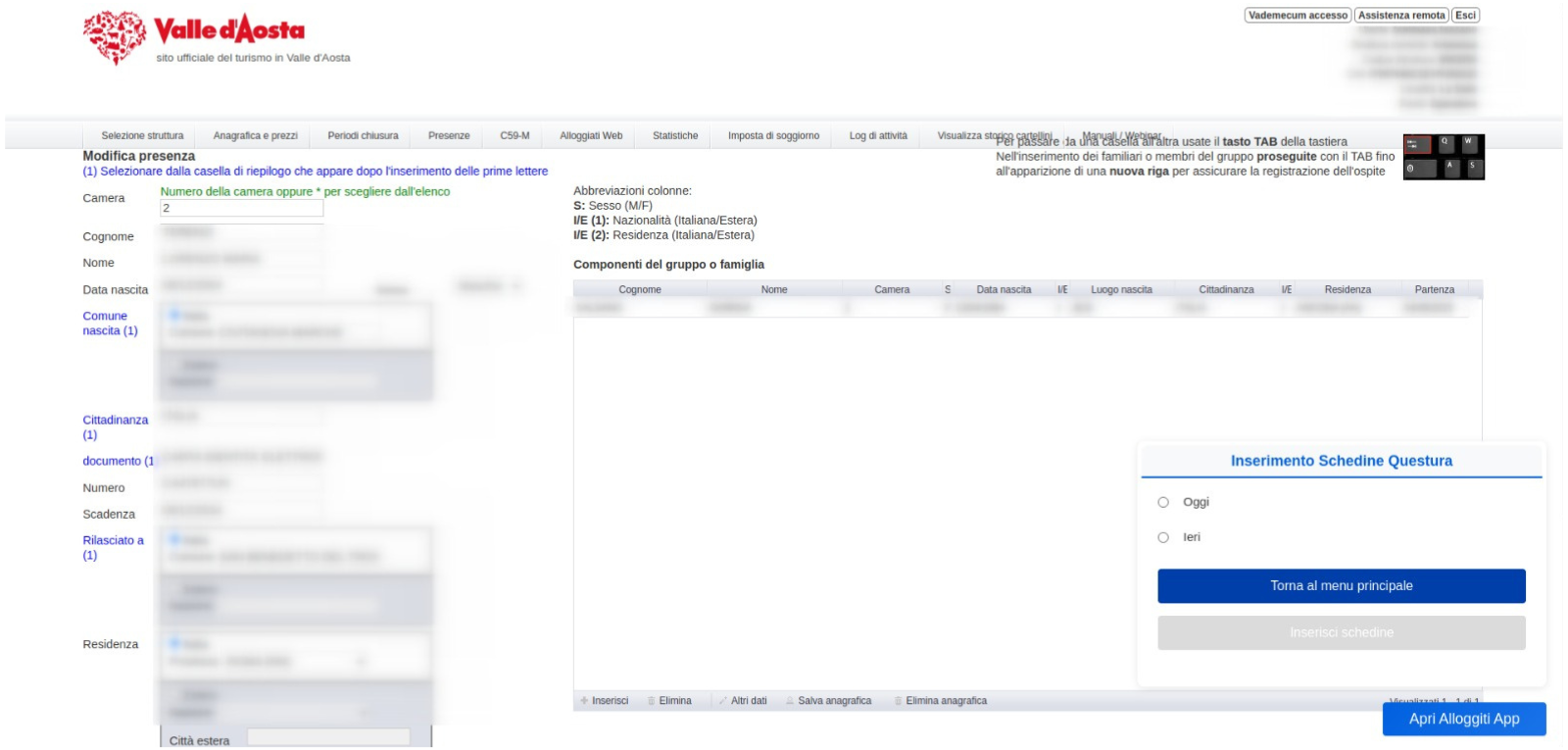 Invio schedine questura